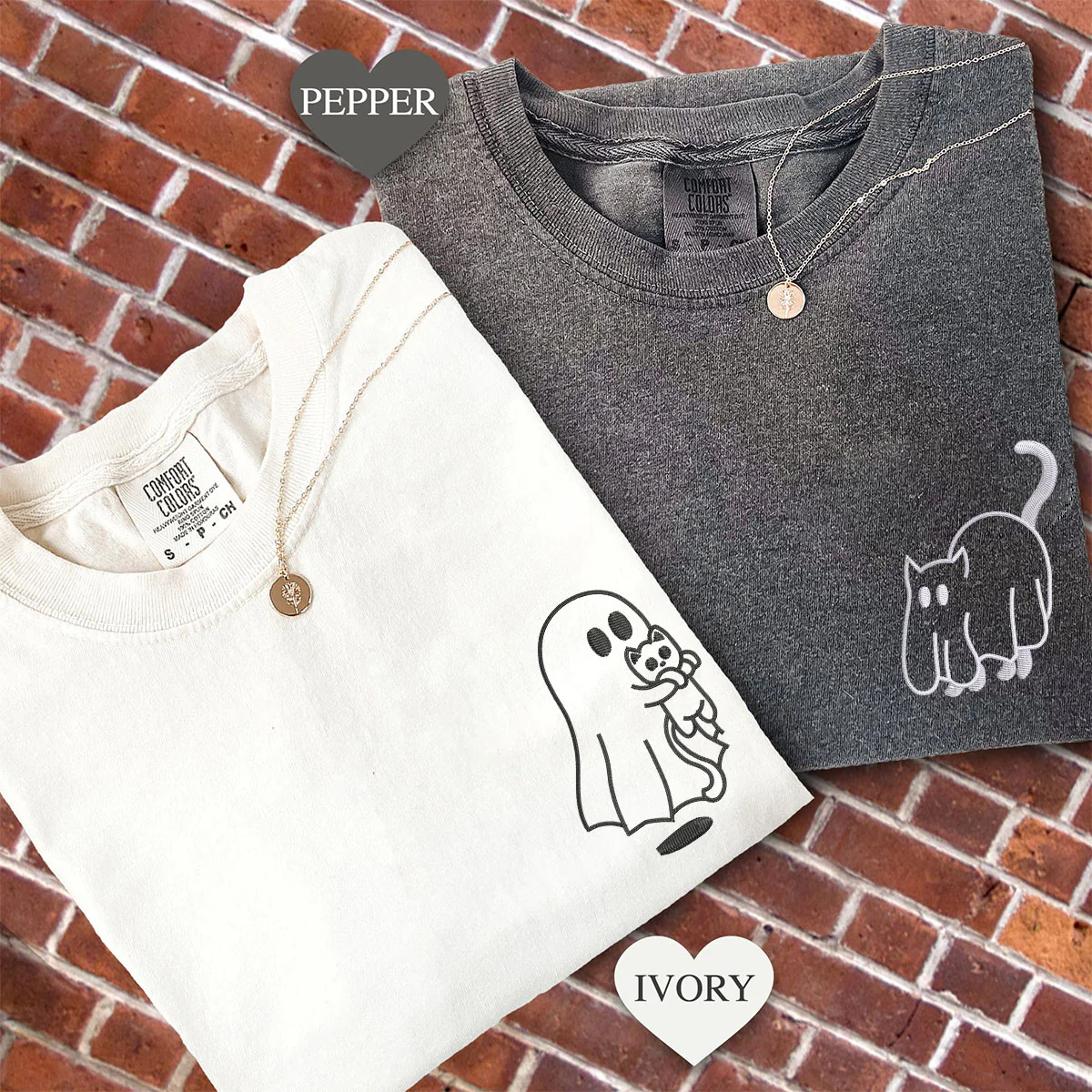 Custom Embroidered Ghost Cat Matching T-shirts for Couples - Image 3