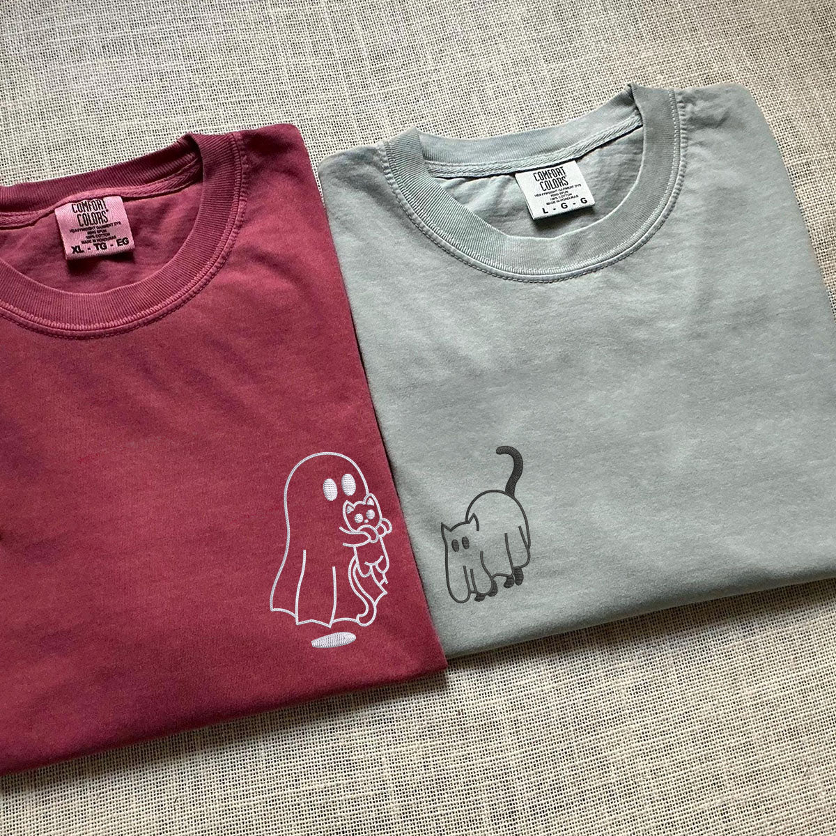 Custom Embroidered Ghost Cat Matching T-shirts for Couples - Image 4