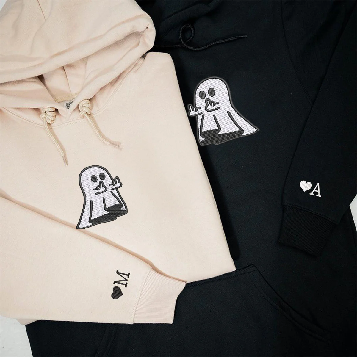 Custom Embroidered Ghost Cute Hands Matching Hoodies for Couples - Image 2