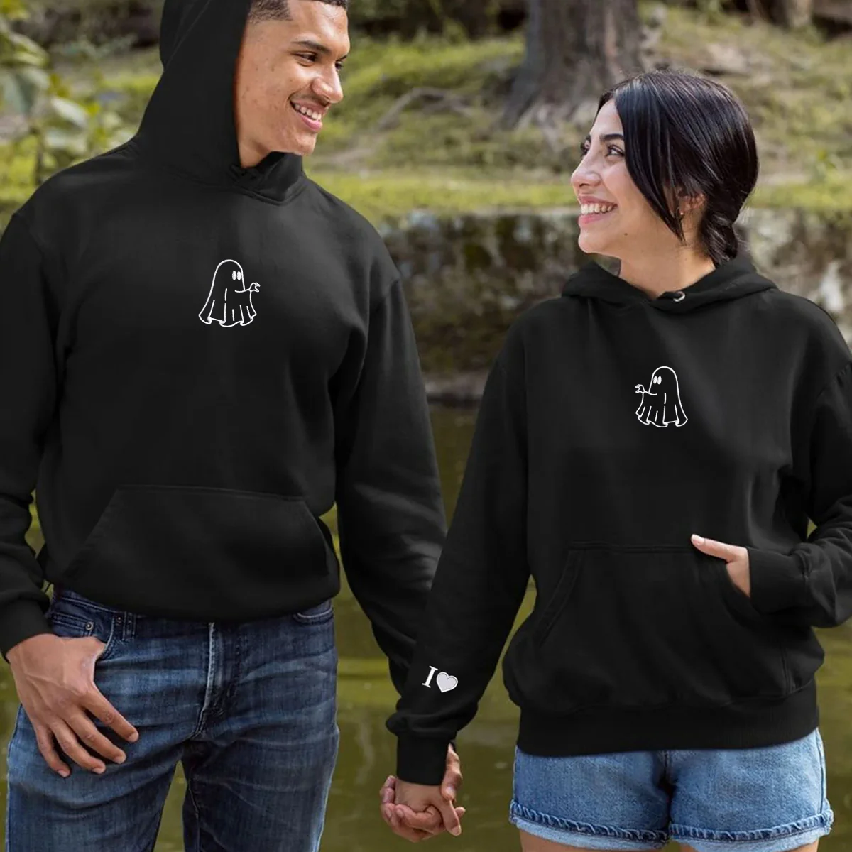 Custom Embroidered Ghost Heart Hands Matching Hoodies for Couples - Image 8