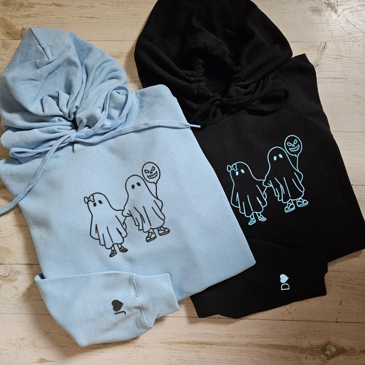 Custom Embroidered Ghost Holding Hands Matching Hoodies for Couples - Image 2