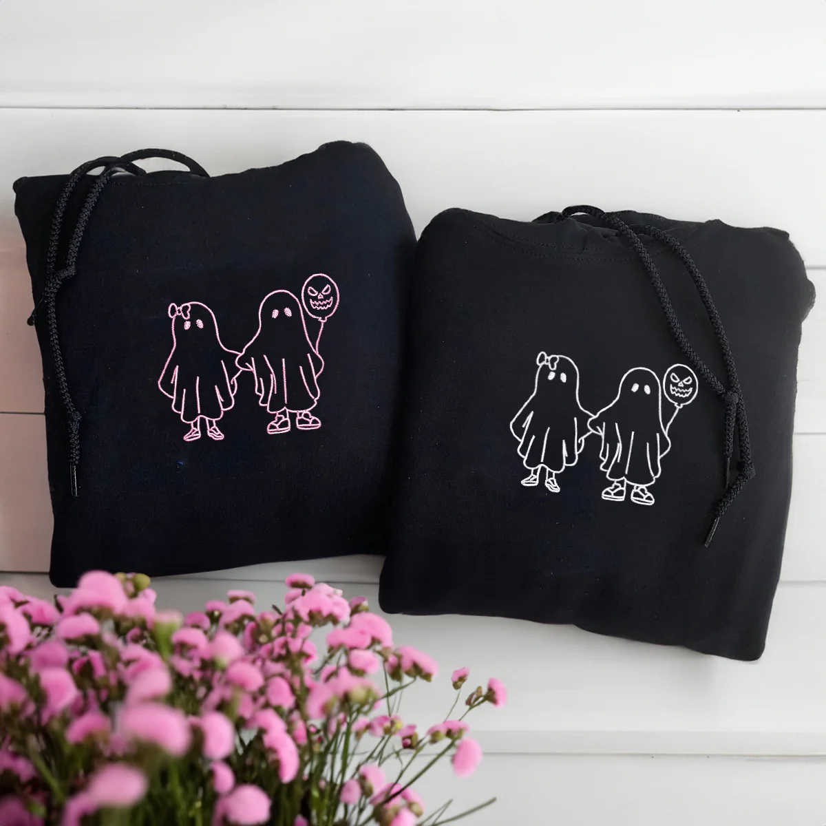 Custom Embroidered Ghost Holding Hands Matching Hoodies for Couples - Image 4