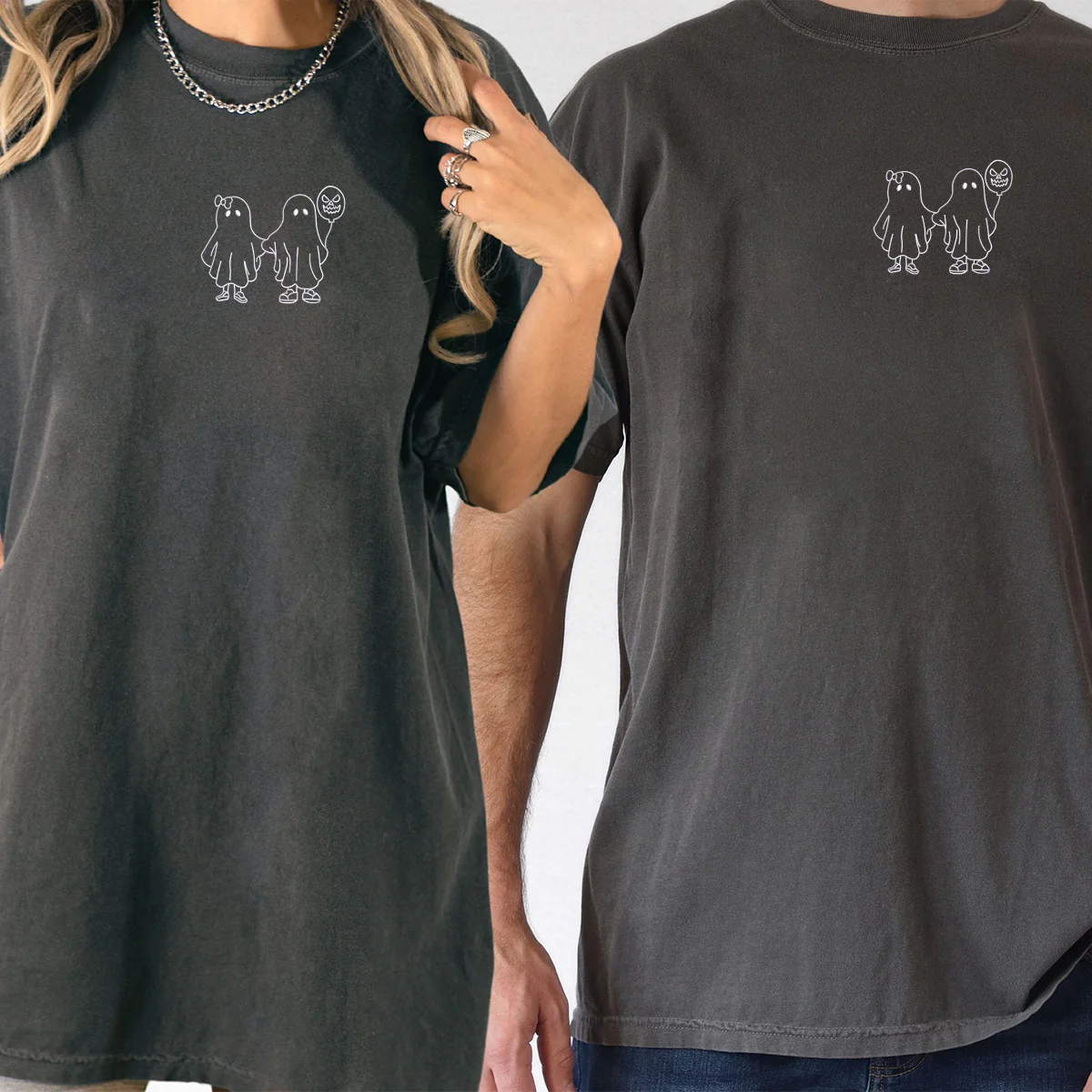 Custom Embroidered Ghost Holding Hands Matching T-shirts for Couples - Image 6