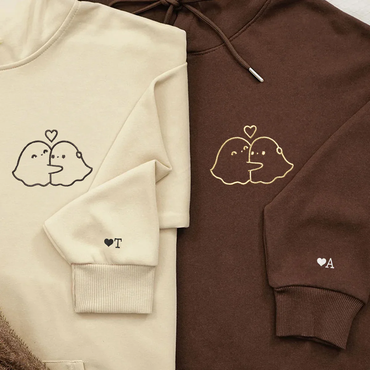 Custom Embroidered Ghost Hug Matching Hoodies for Couples - Image 2