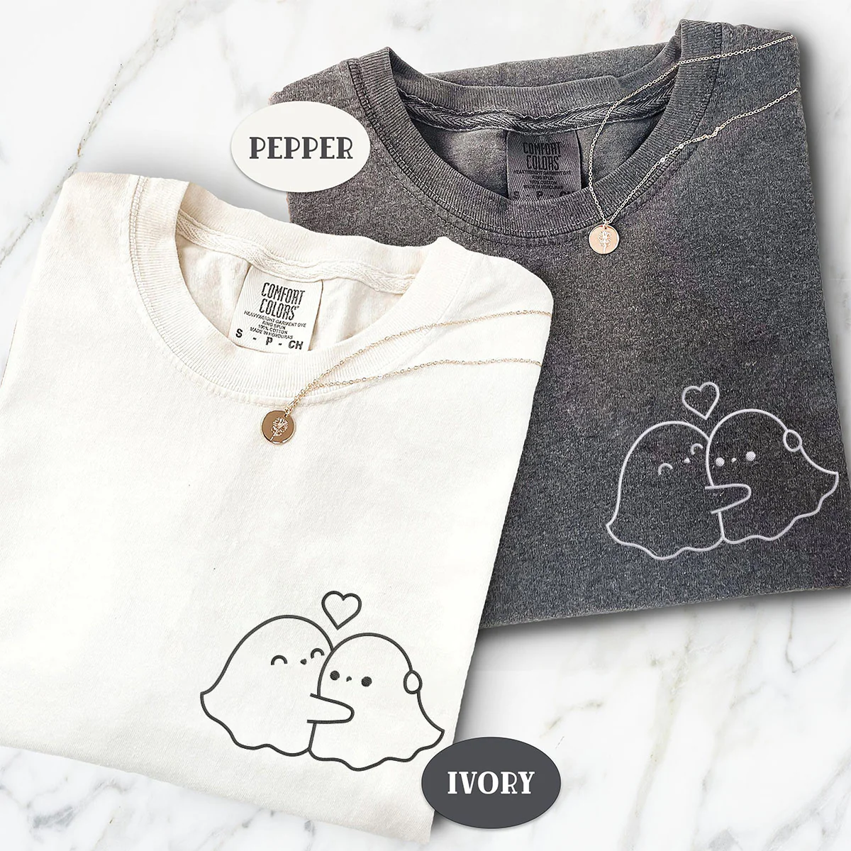 Custom Embroidered Ghost Hug Matching T-shirts for Couples - Image 2