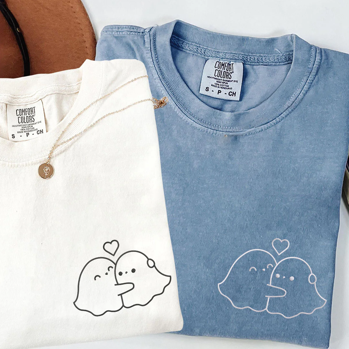 Custom Embroidered Ghost Hug Matching T-shirts for Couples - Image 3