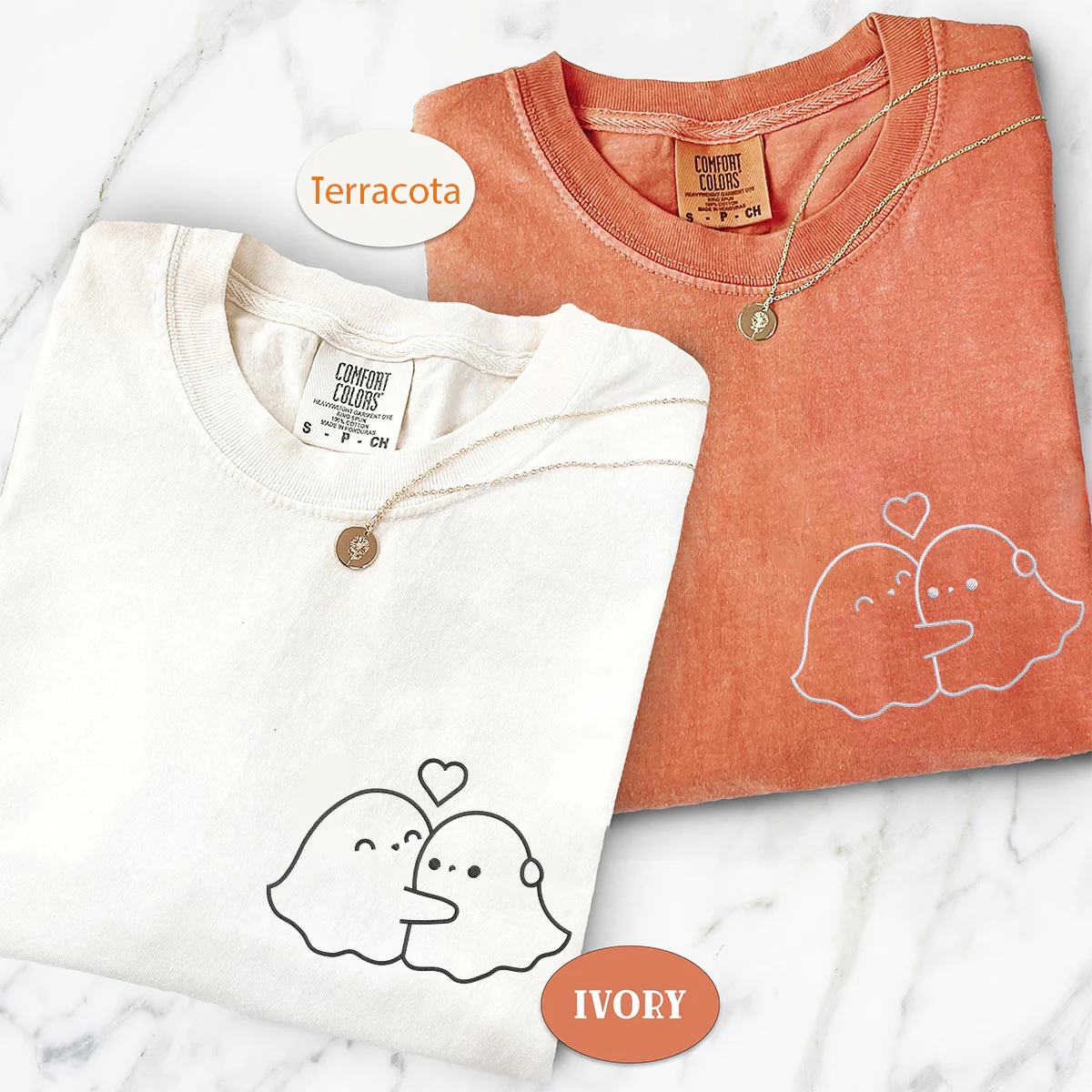 Custom Embroidered Ghost Hug Matching T-shirts for Couples - Image 4