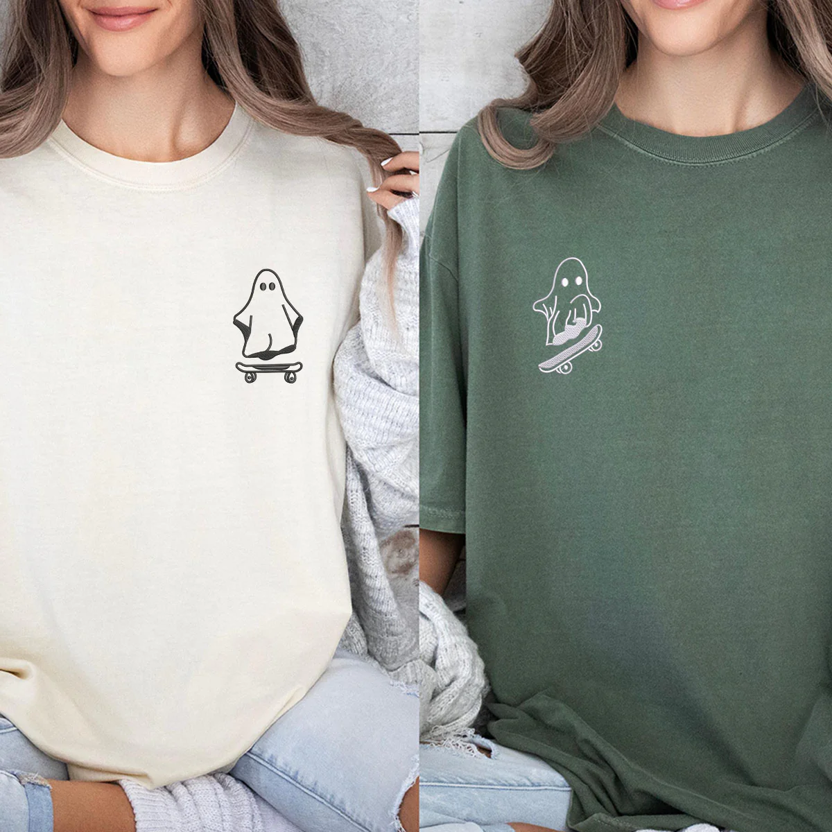 Custom Embroidered Ghost Skater Matching T-shirts for Couples - Image 6
