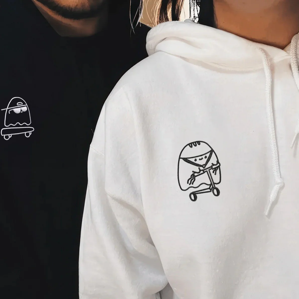 Custom Embroidered Ghosts Skateboard and Scooter Matching Hoodies for Couples - Image 7