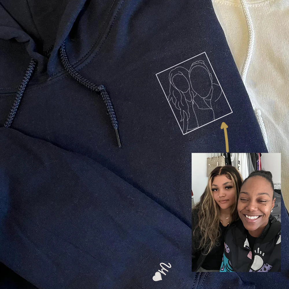 Custom Embroidered Gift for Couple, Personalized Custom Portrait Sweatshirt, Photo Couple Hoodie - Image 3