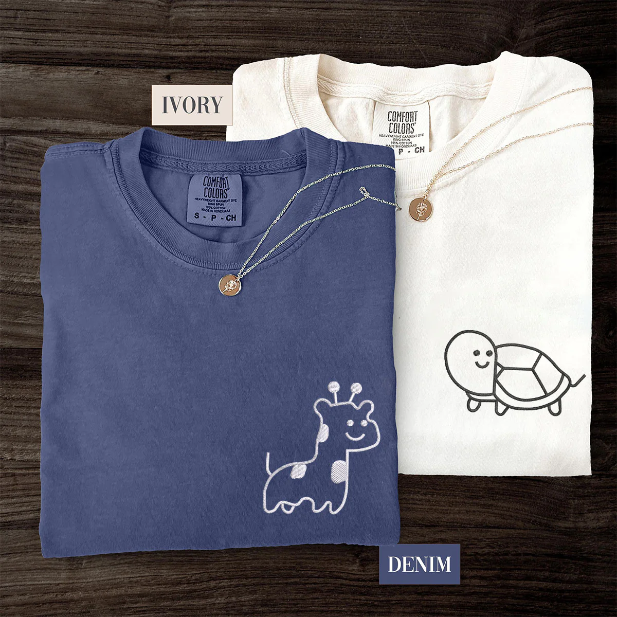 Custom Embroidered Giraffe and Turtle Matching T-shirts for Couples - Image 3