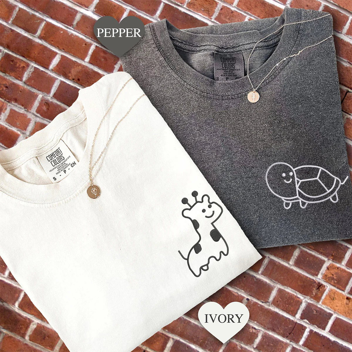 Custom Embroidered Giraffe and Turtle Matching T-shirts for Couples - Image 4