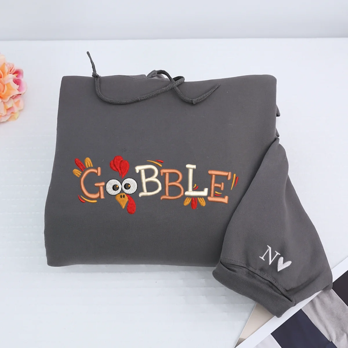 Custom Embroidered Gobble Till You Wobble Hoodie | Funny Thanksgiving Sweatshirt β Cozy Fall Embroidery Gift - Image 3