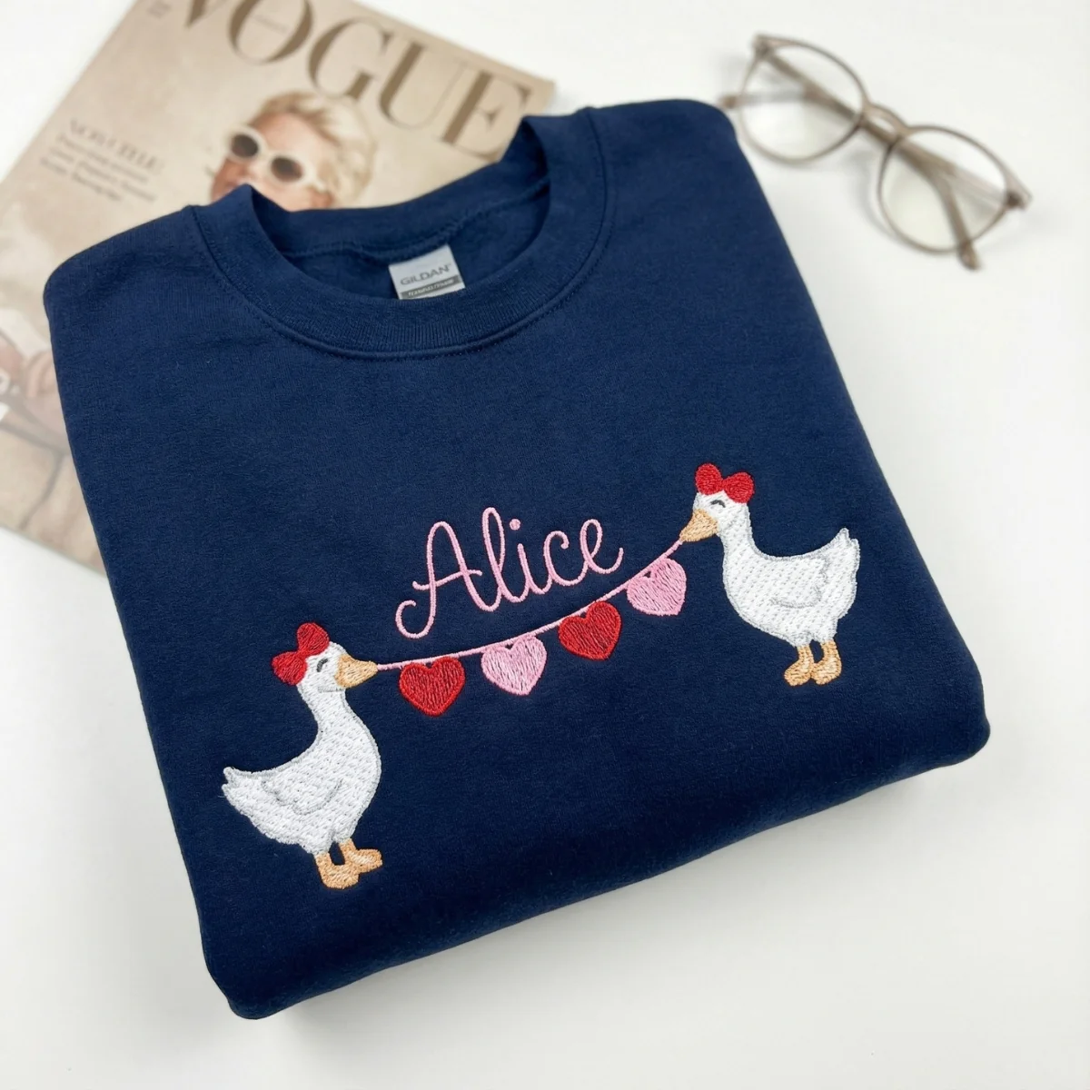 Custom Embroidered Goose Holding Hearts Hoodies - Personalized Name Sweatshirt, Valentine's Day Gift