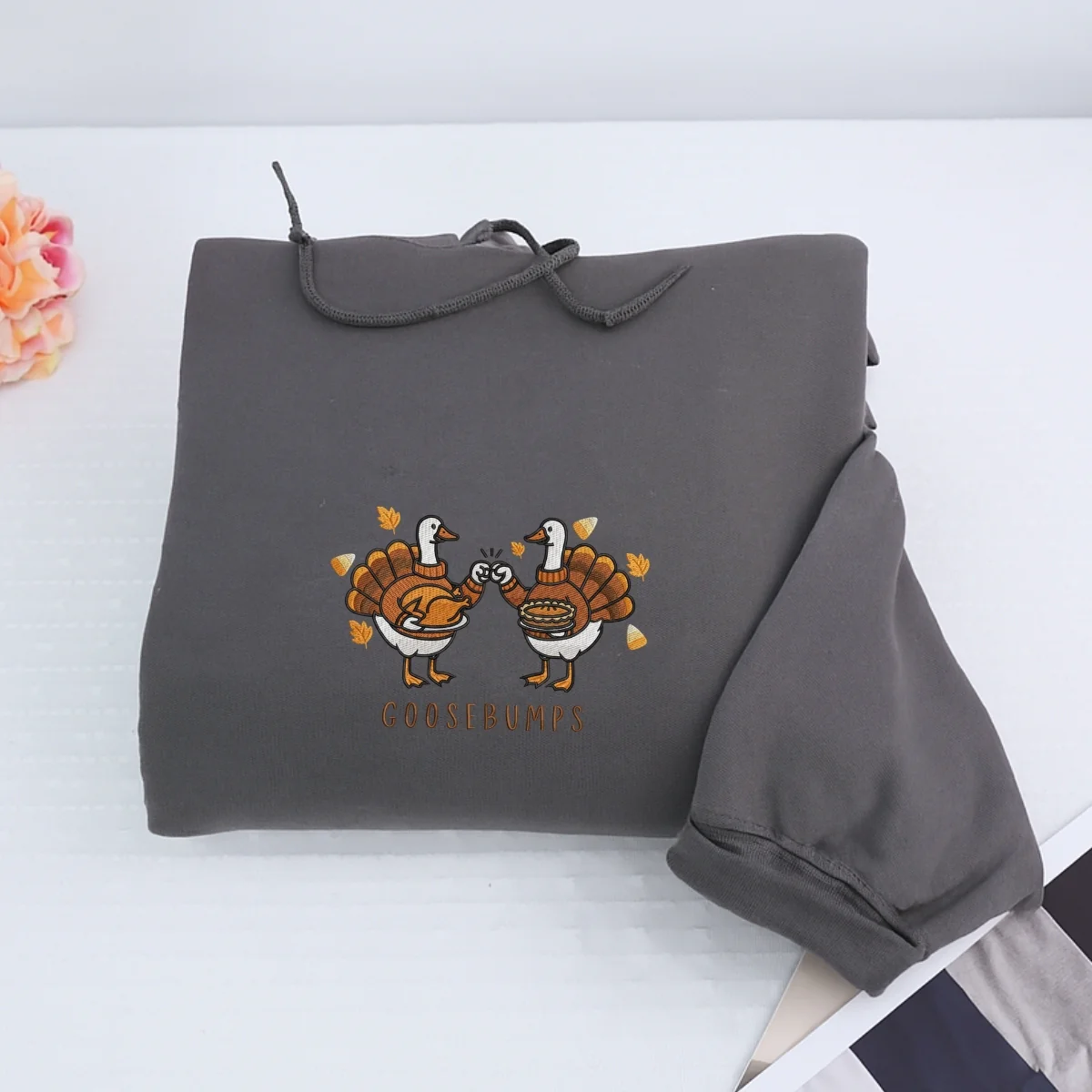 Custom Embroidered Goosebumps Thanksgiving Hoodie | Funny Ducks, Turkey & Pie Sweatshirt - Image 4