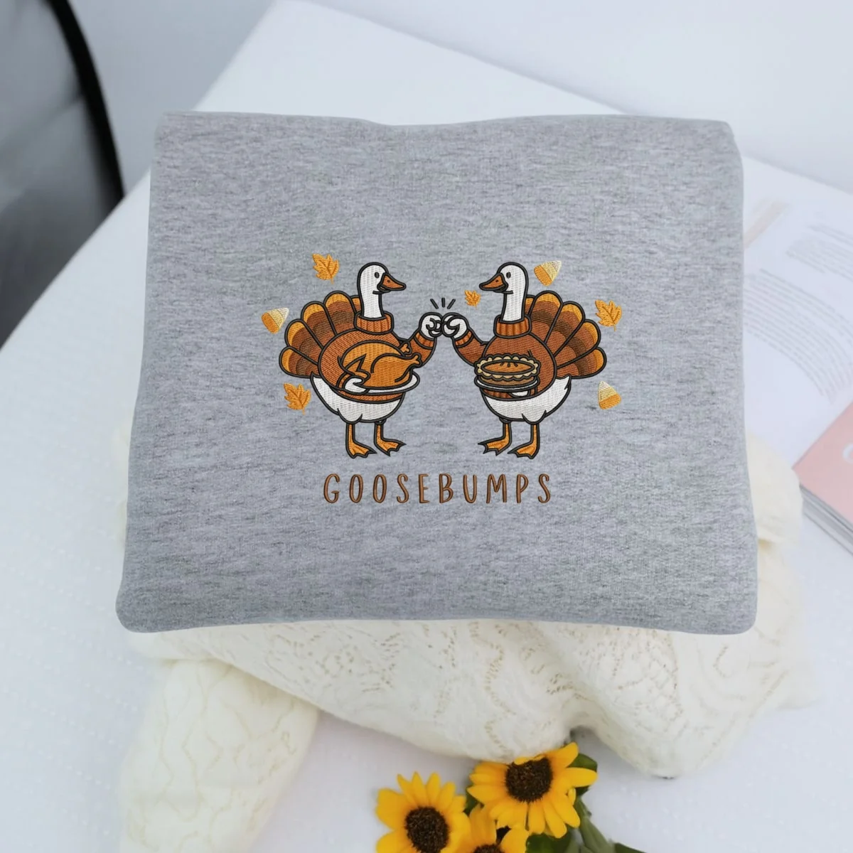 Custom Embroidered Goosebumps Thanksgiving Hoodie | Funny Ducks, Turkey & Pie Sweatshirt - Image 7