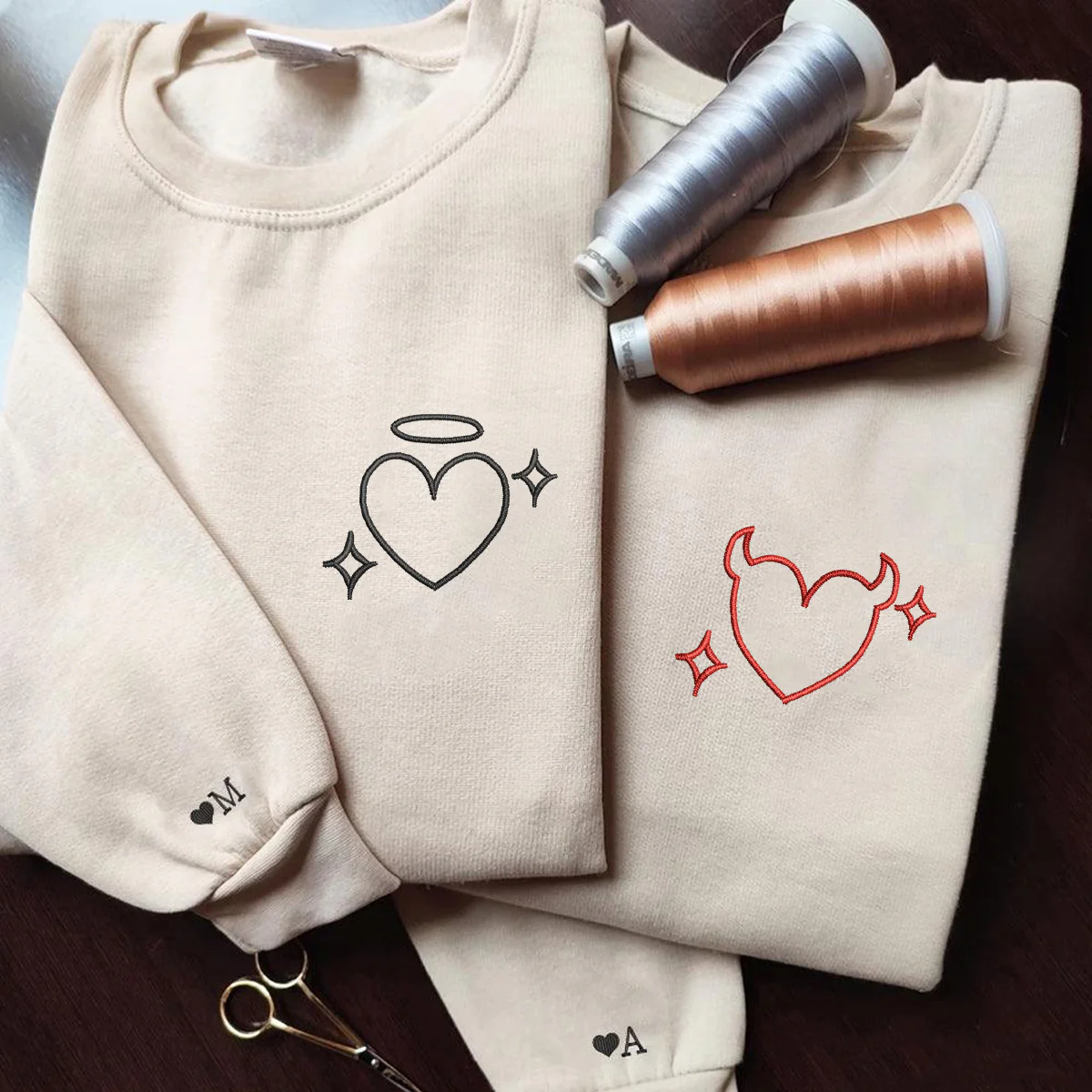 Custom Embroidered Heart Angle and Devil Matching Hoodies for Couples - Image 6