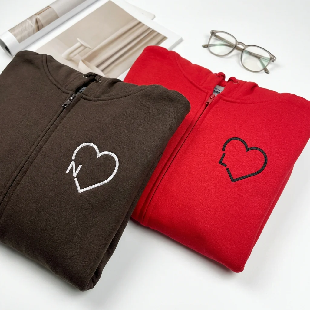Custom Embroidered Heart Initials Matching Quarter Zip Sweatshirts & Full-Zip Hoodie for Couples