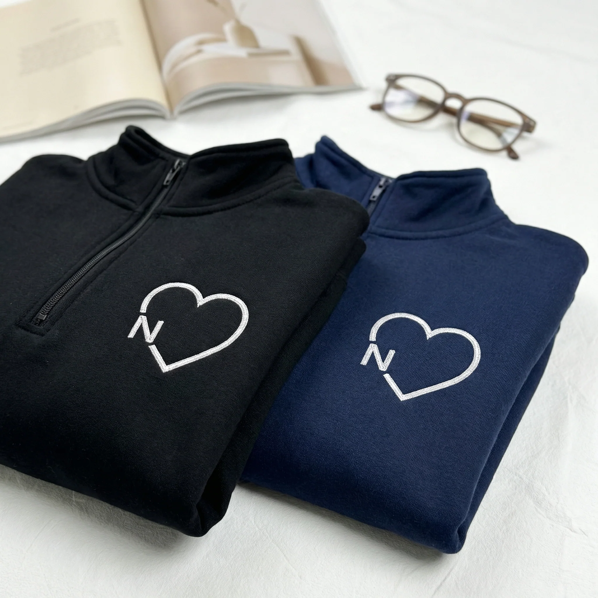 Custom Embroidered Heart Initials Matching Quarter Zip Sweatshirts & Full-Zip Hoodie for Couples - Image 3
