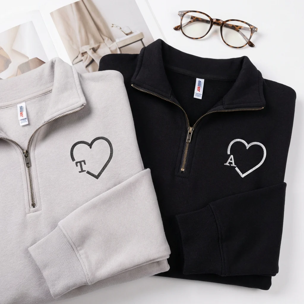 Custom Embroidered Heart Initials Matching Quarter Zip Sweatshirts & Full-Zip Hoodie for Couples - Image 4