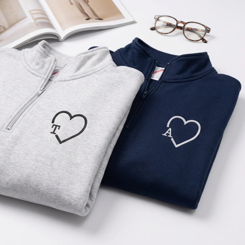 Custom Embroidered Heart Initials Matching Quarter Zip Sweatshirts & Full-Zip Hoodie for Couples - Image 5