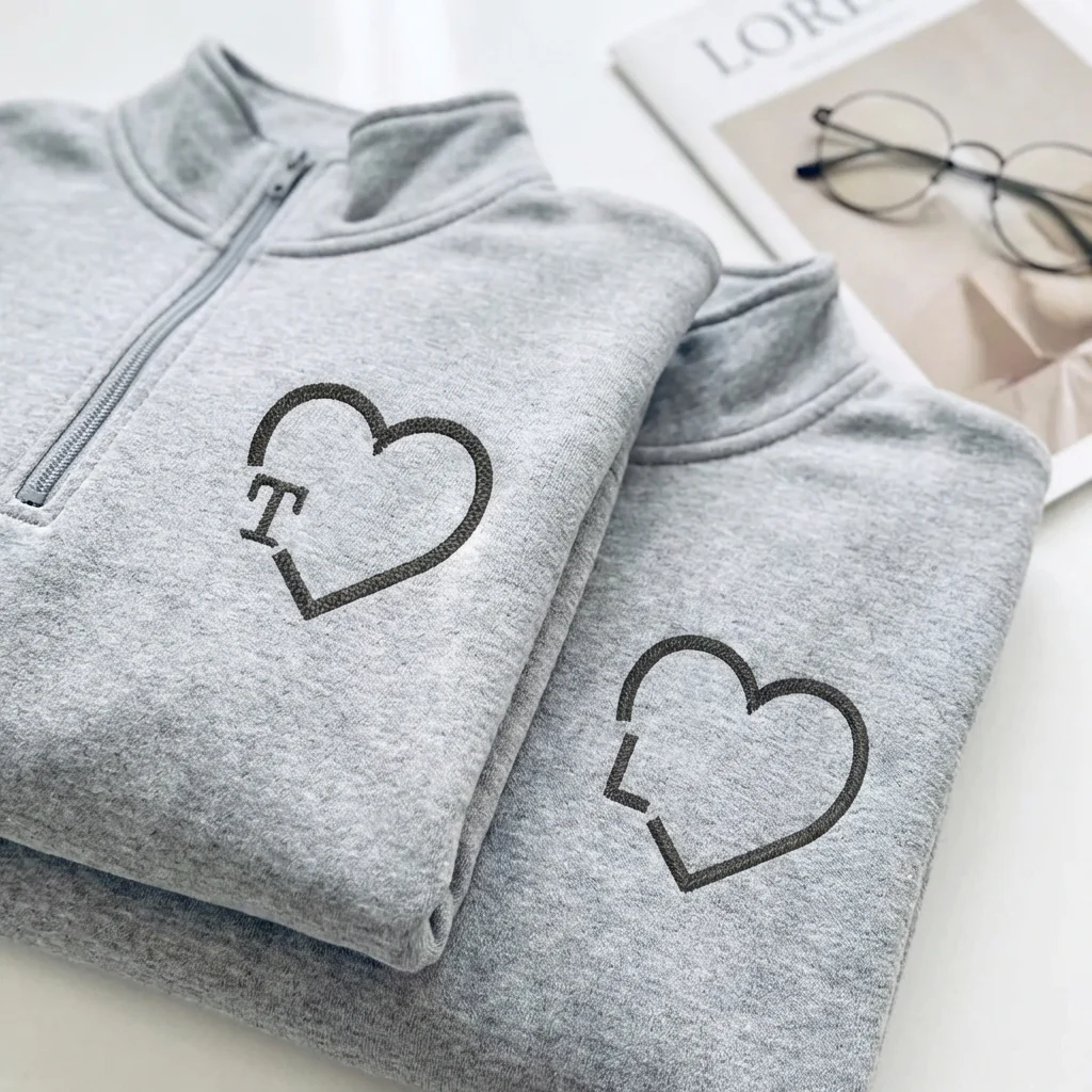 Custom Embroidered Heart Initials Matching Quarter Zip Sweatshirts & Full-Zip Hoodie for Couples - Image 6