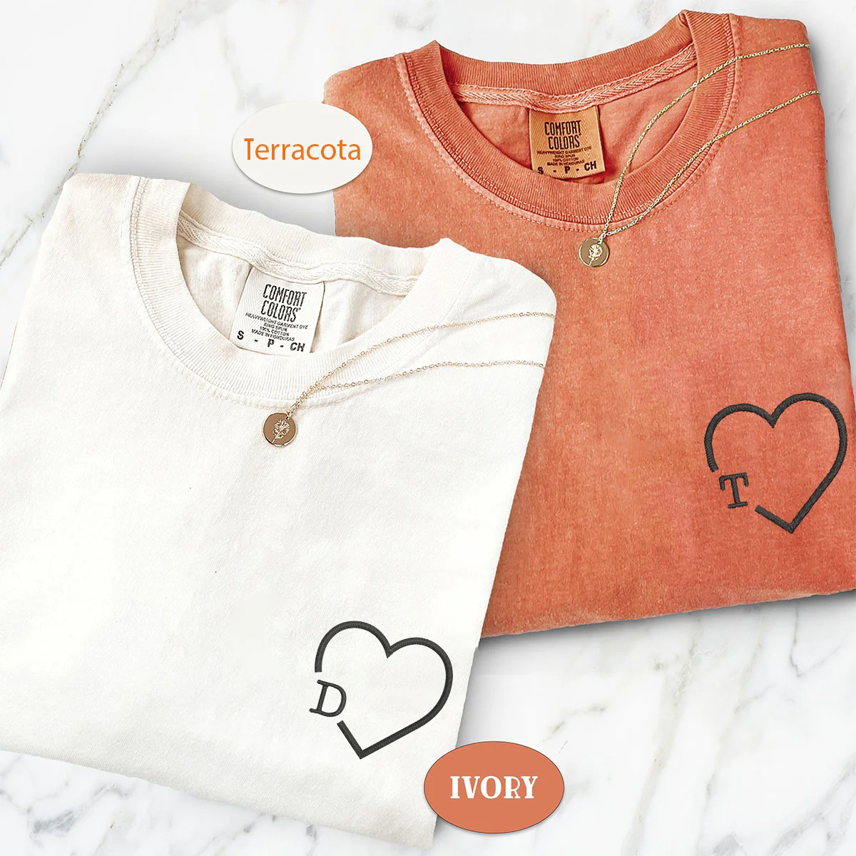 Custom Embroidered Heart Initials Matching T-shirts for Couples - Image 2