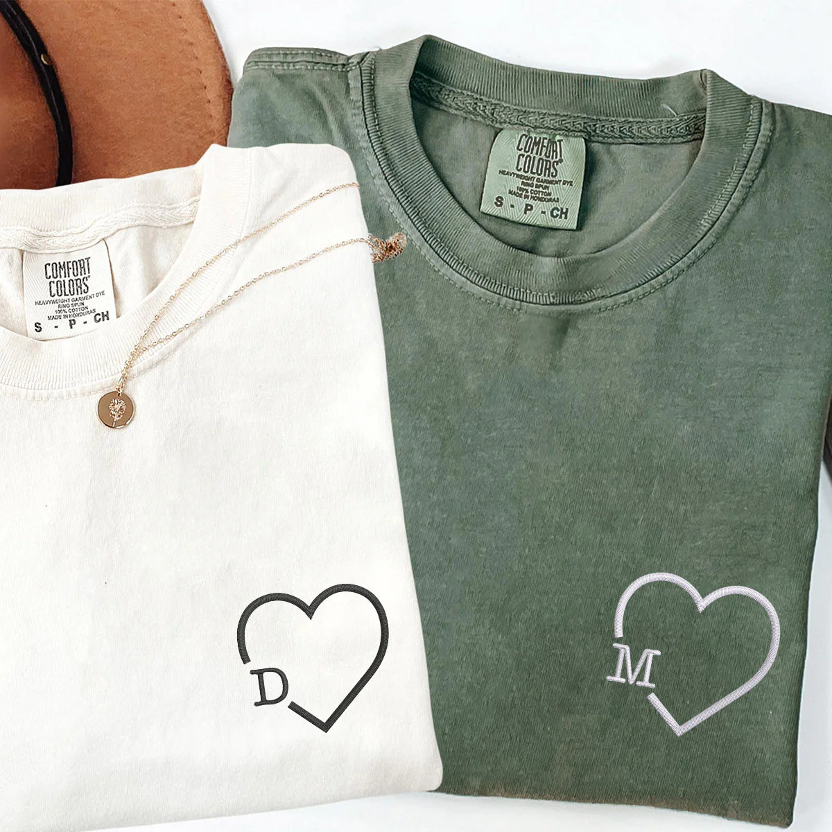 Custom Embroidered Heart Initials Matching T-shirts for Couples - Image 3