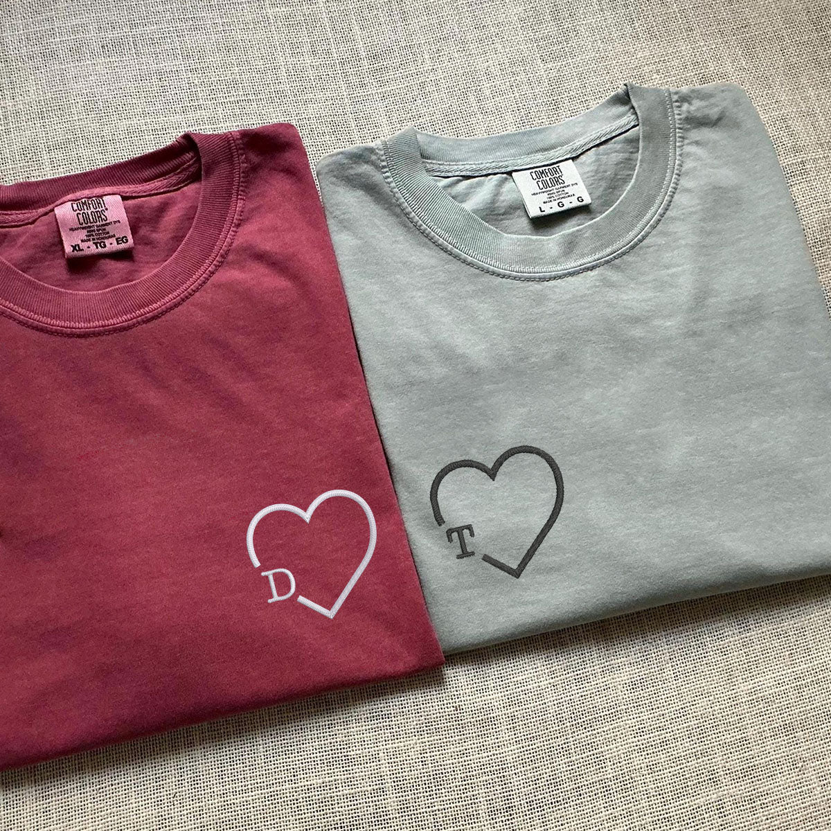 Custom Embroidered Heart Initials Matching T-shirts for Couples - Image 4