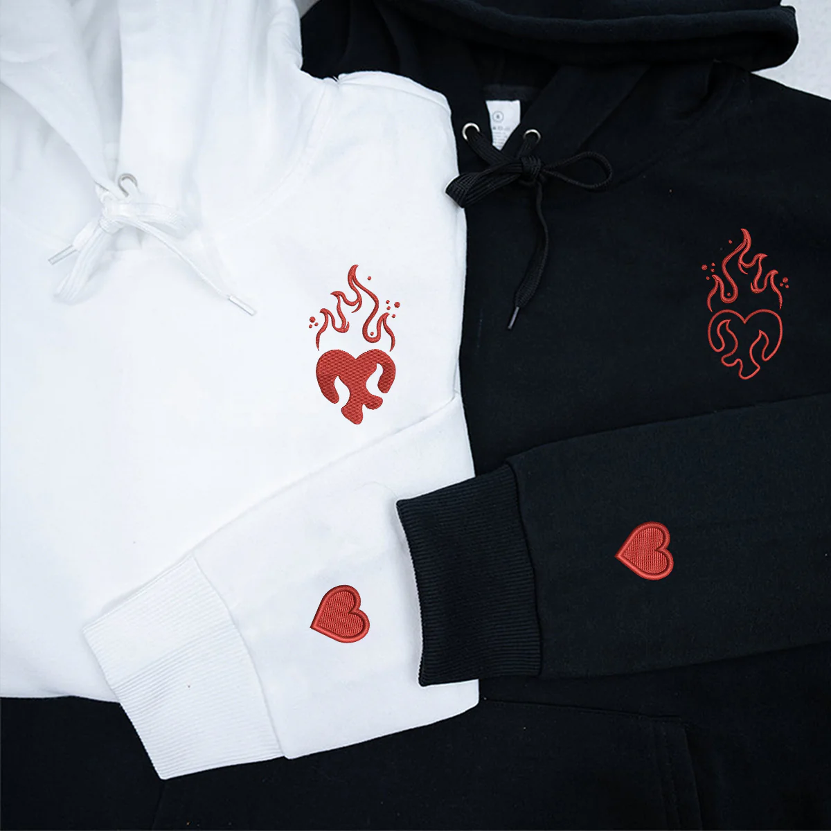 Custom Embroidered Heart on Fire Matching Hoodies for Couples