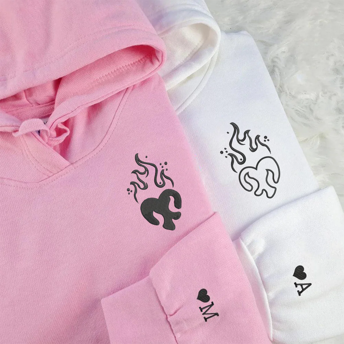 Custom Embroidered Heart on Fire Matching Hoodies for Couples - Image 2