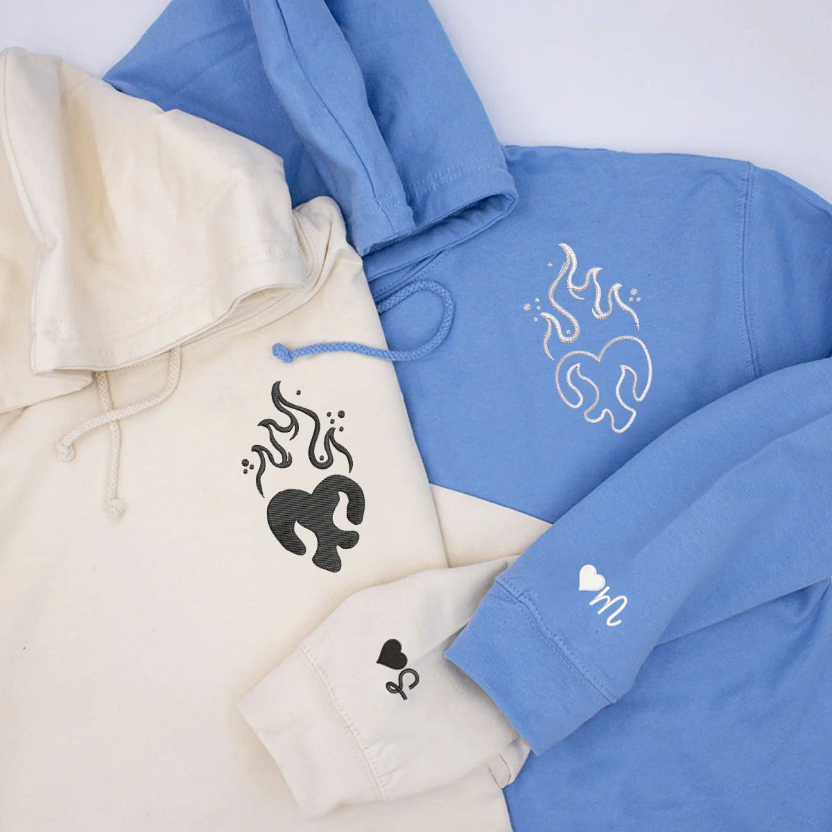 Custom Embroidered Heart on Fire Matching Hoodies for Couples - Image 3