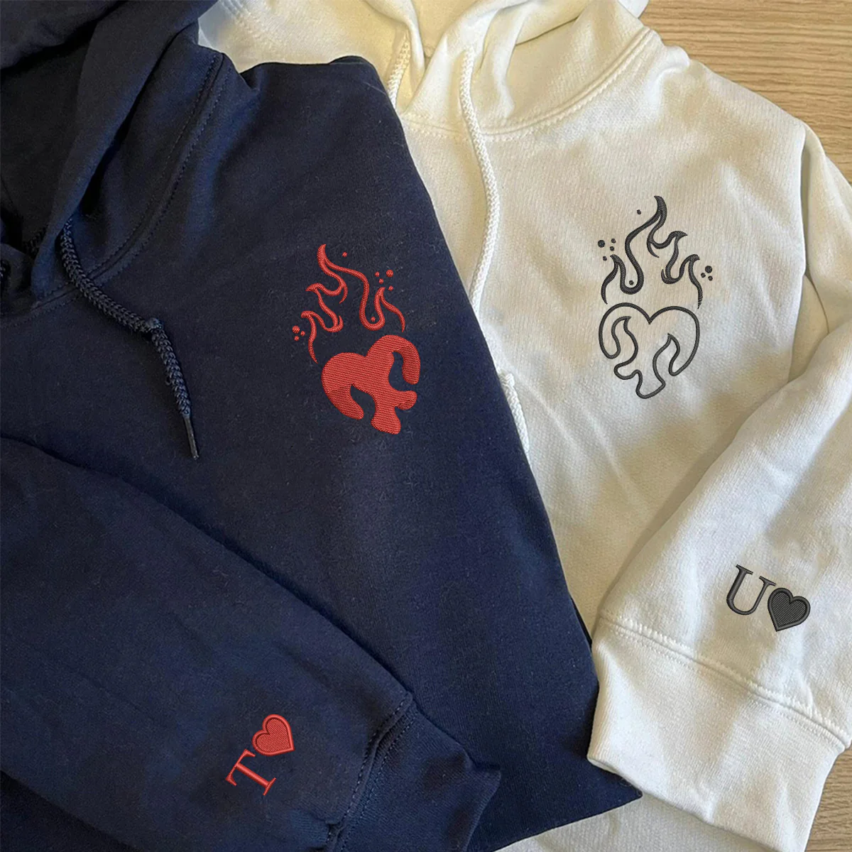 Custom Embroidered Heart on Fire Matching Hoodies for Couples - Image 5