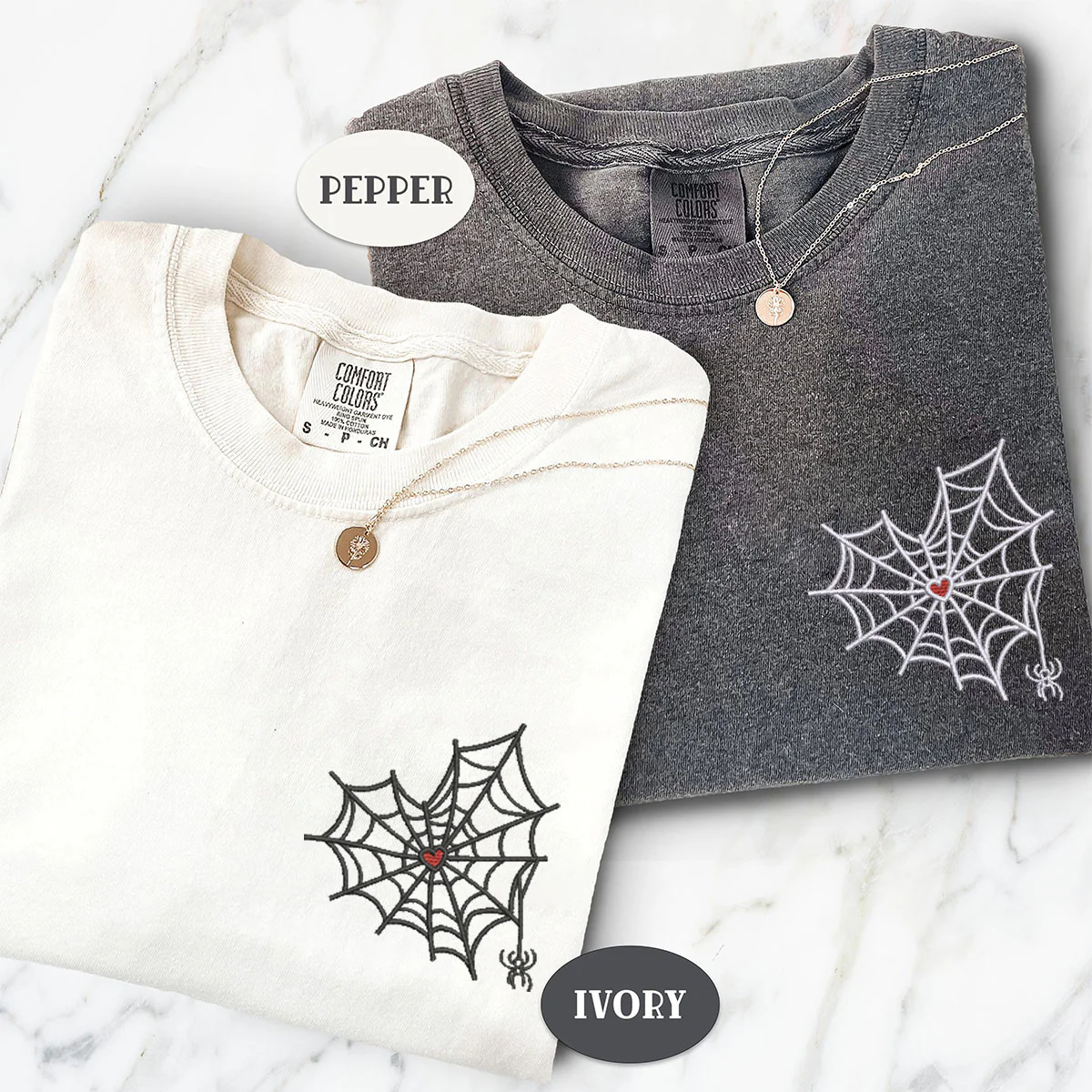 Custom Embroidered Heart Spider Web Matching T-shirts for Couples