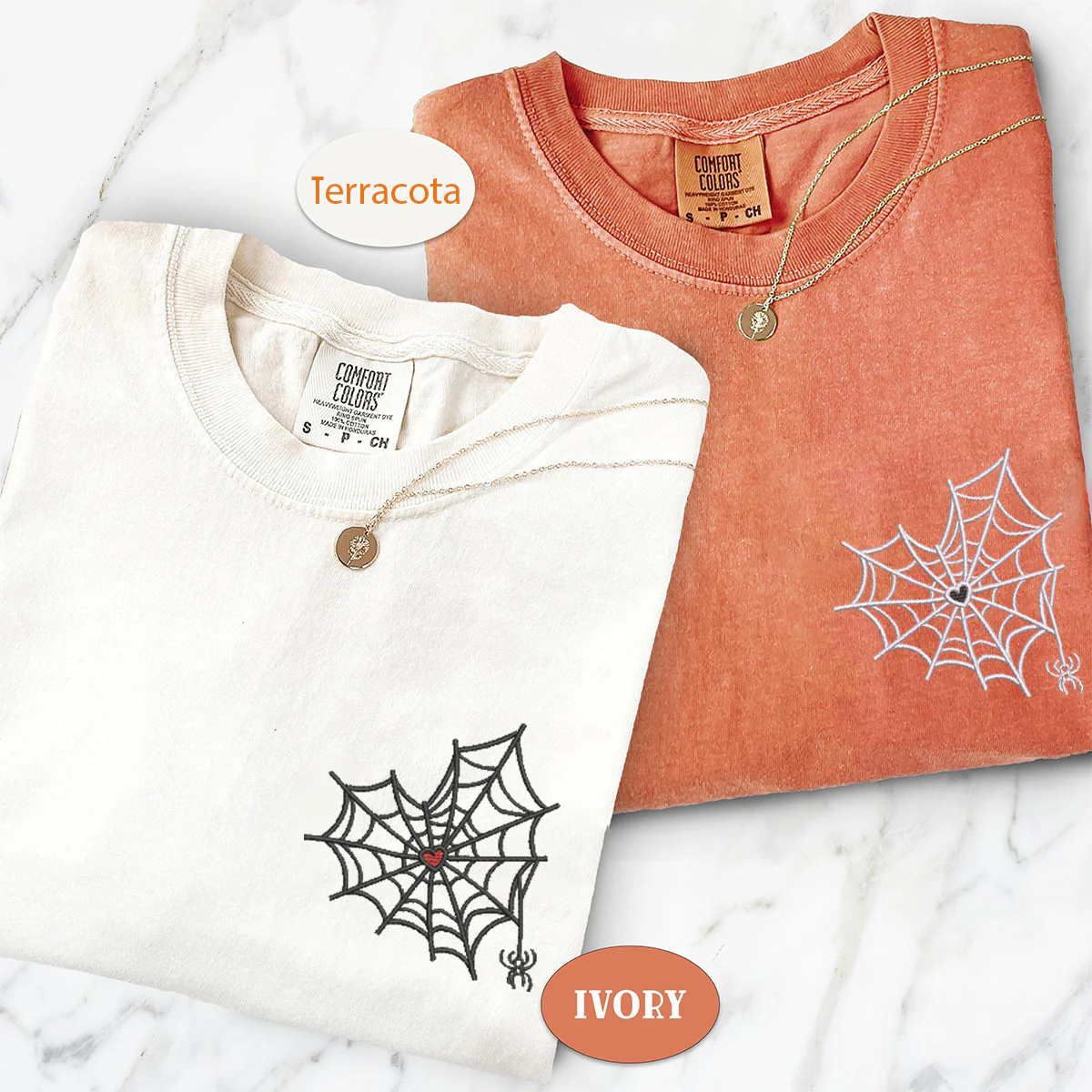 Custom Embroidered Heart Spider Web Matching T-shirts for Couples - Image 2