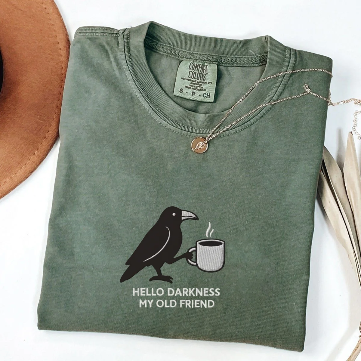 Custom Embroidered Hello Darkness My Old Friend Raven T-Shirt | Crow & Coffee Tee – Funny Gothic Halloween Gift - Image 2