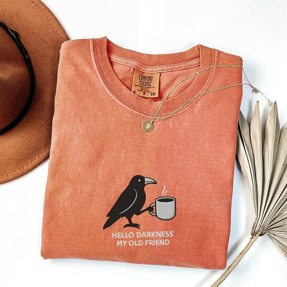 Custom Embroidered Hello Darkness My Old Friend Raven T-Shirt | Crow & Coffee Tee – Funny Gothic Halloween Gift - Image 3