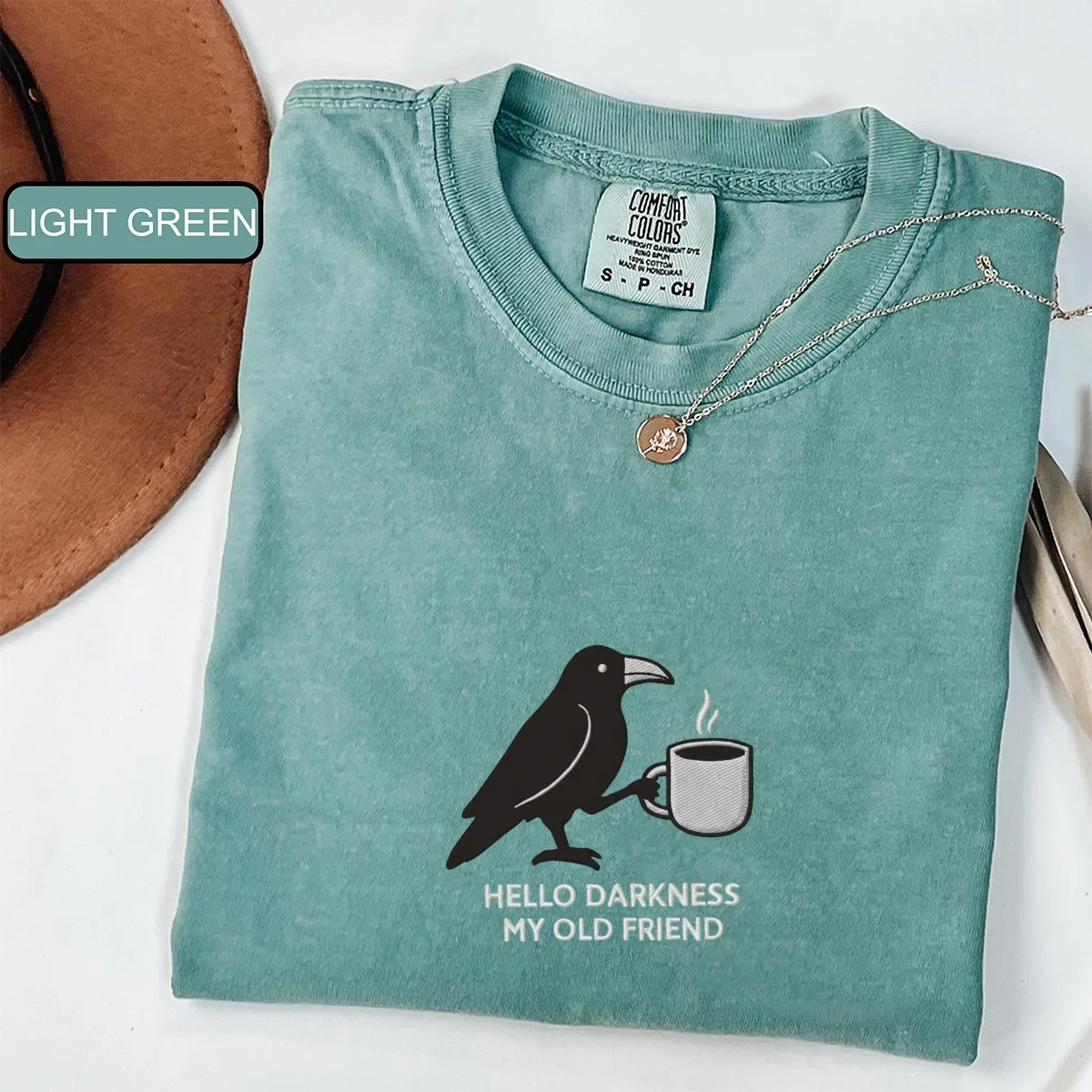 Custom Embroidered Hello Darkness My Old Friend Raven T-Shirt | Crow & Coffee Tee – Funny Gothic Halloween Gift - Image 4