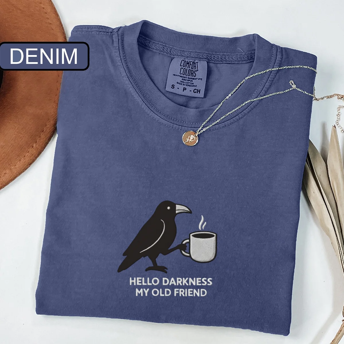 Custom Embroidered Hello Darkness My Old Friend Raven T-Shirt | Crow & Coffee Tee – Funny Gothic Halloween Gift - Image 5