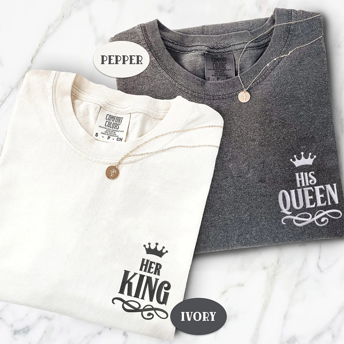 Custom Embroidered Her King x His Queen Matching T-shirts for Couples - Image 2