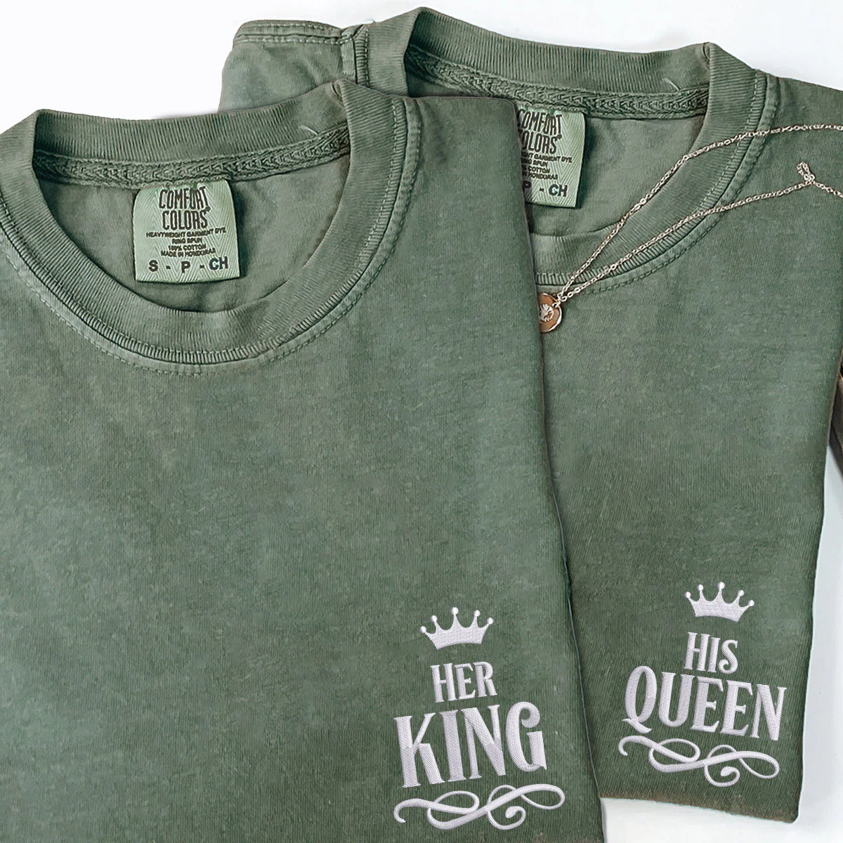Custom Embroidered Her King x His Queen Matching T-shirts for Couples - Image 4