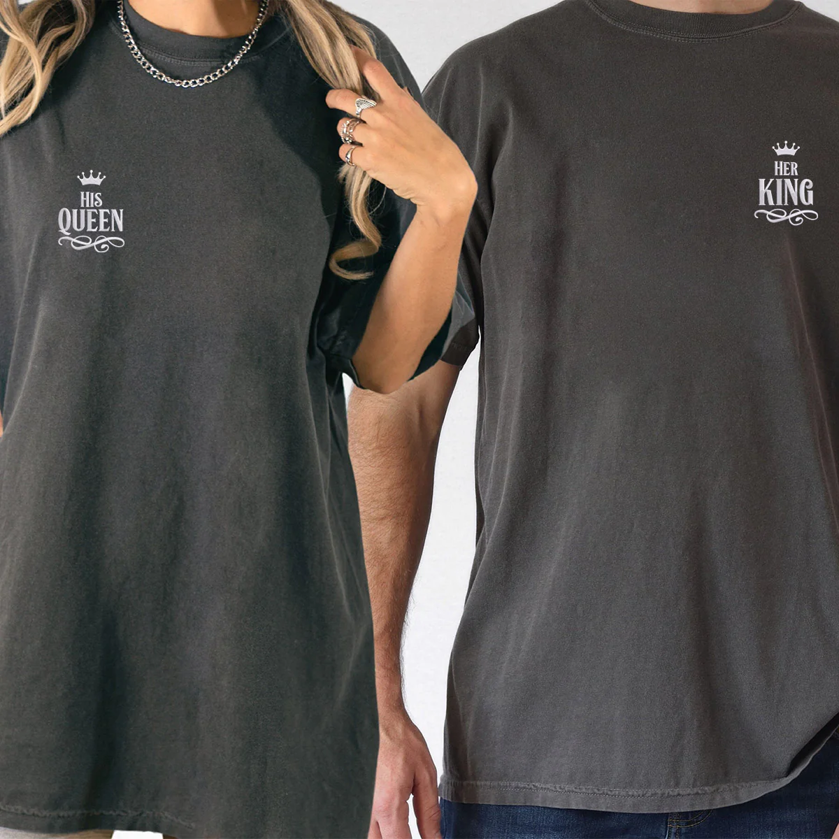 Custom Embroidered Her King x His Queen Matching T-shirts for Couples - Image 6