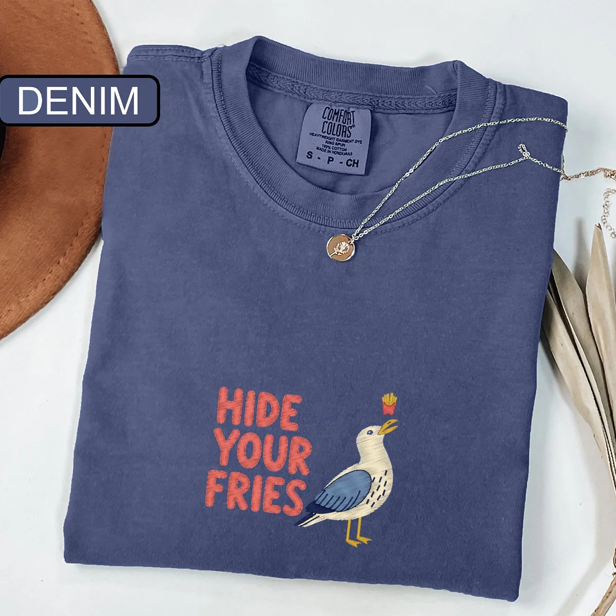 Custom Embroidered Hide Your Fries T-Shirt | Funny Seagull Meme Tee – Hilarious Animal Lover Gift