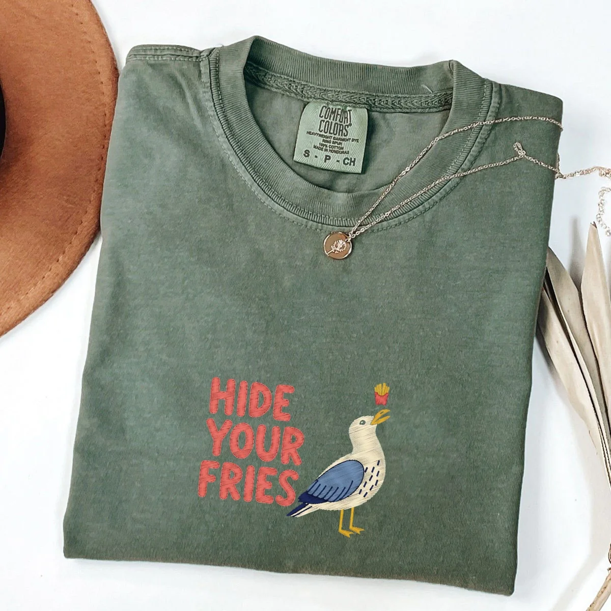 Custom Embroidered Hide Your Fries T-Shirt | Funny Seagull Meme Tee – Hilarious Animal Lover Gift - Image 2