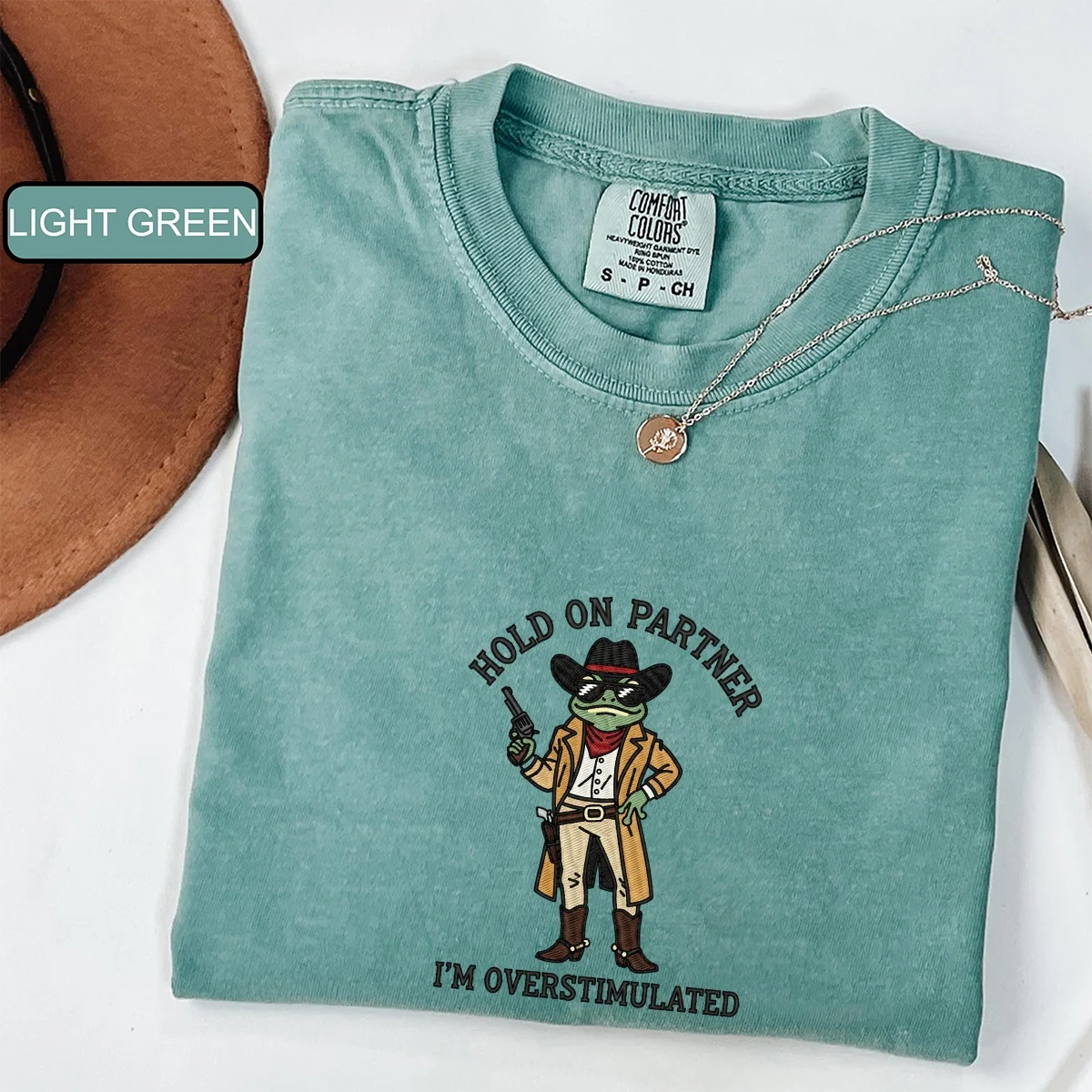 Custom Embroidered Hold On Partner, I’m Overstimulated T-Shirt | Funny Cowboy Frog Meme Tee - Image 2