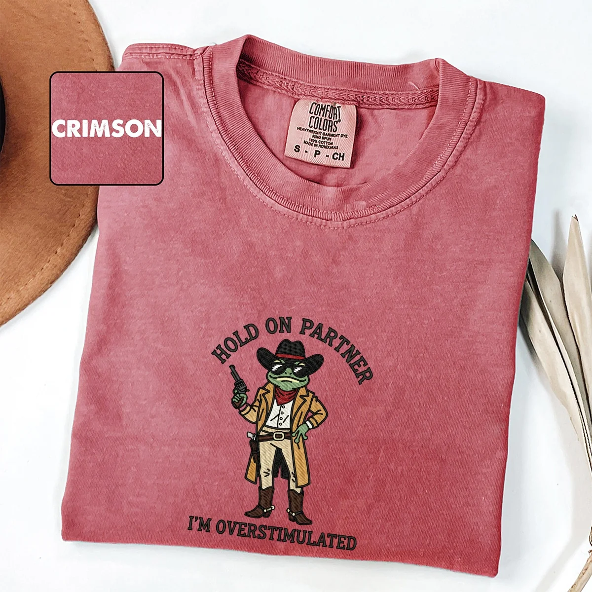 Custom Embroidered Hold On Partner, I’m Overstimulated T-Shirt | Funny Cowboy Frog Meme Tee - Image 3