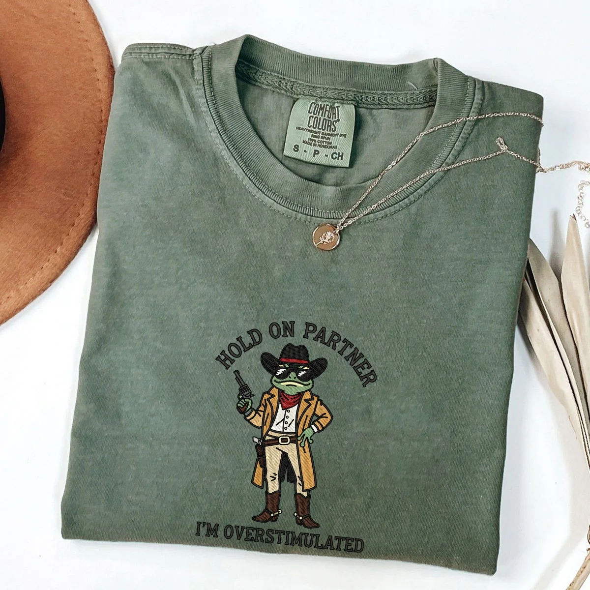 Custom Embroidered Hold On Partner, I’m Overstimulated T-Shirt | Funny Cowboy Frog Meme Tee - Image 5