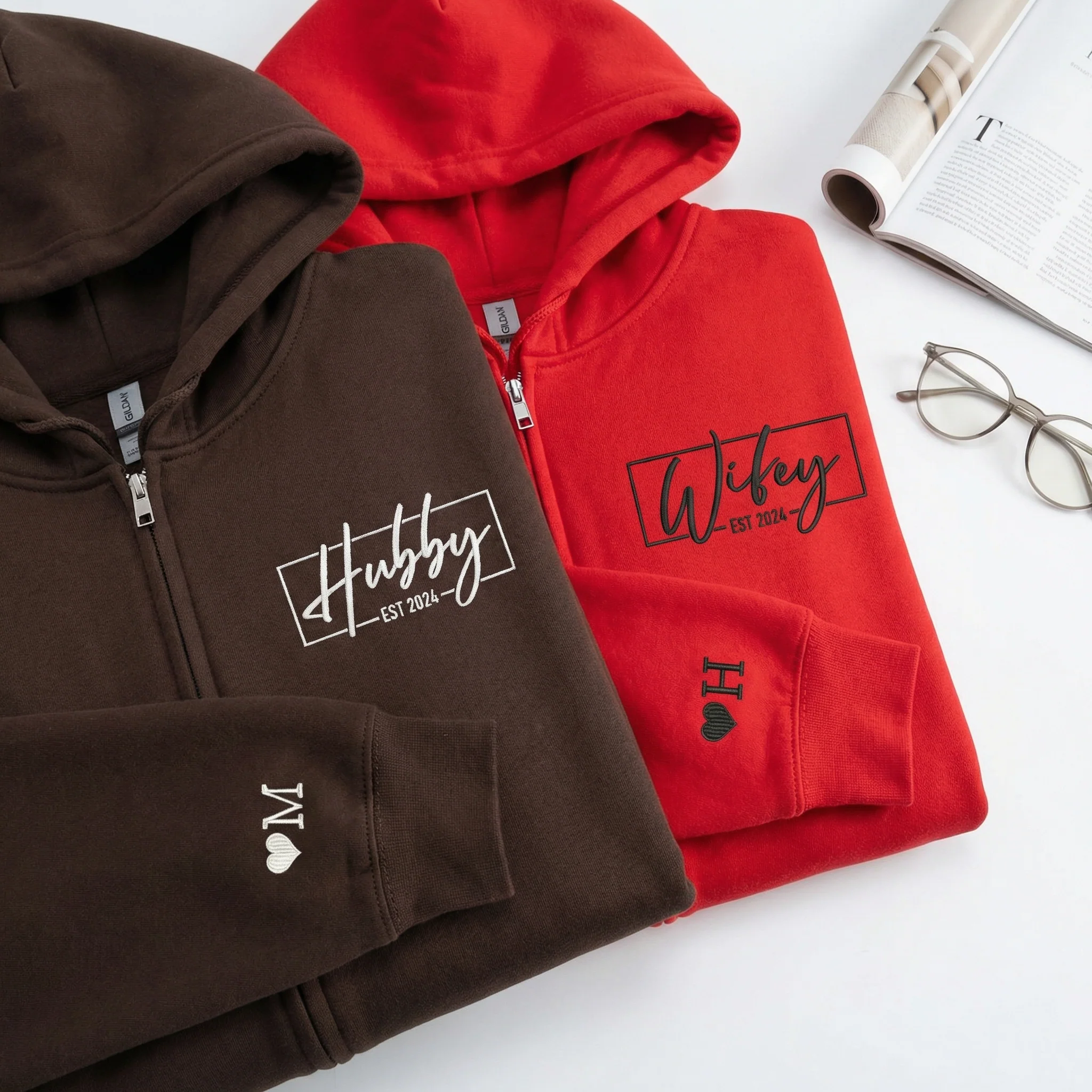 Custom Embroidered Hubby and Wifey Matching Quarter Zip Sweatshirts & Full-Zip Hoodie for Couples - Image 5