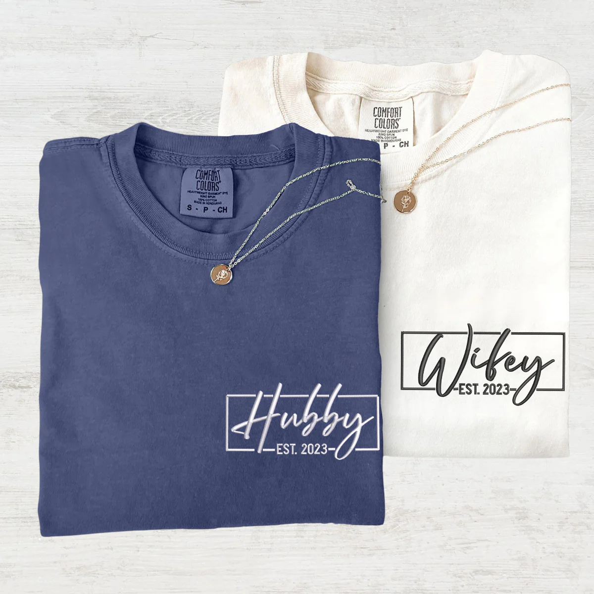 Custom Embroidered Hubby and Wifey Matching T-shirts for Couples - Image 3