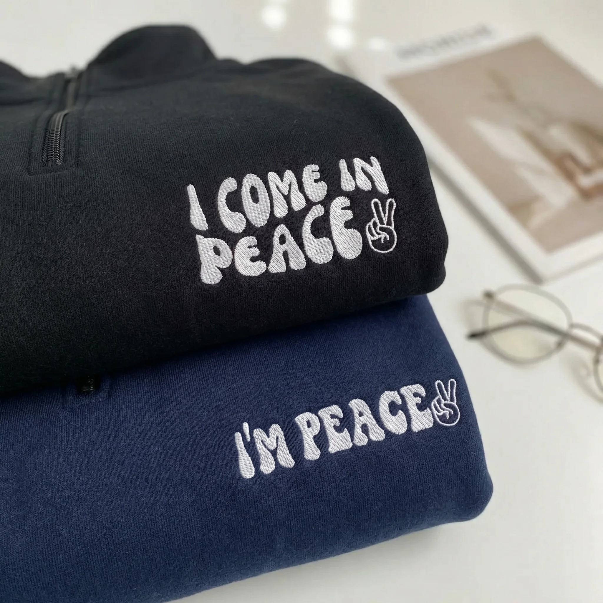 Custom Embroidered I Come In Peace Matching Quarter Zip Sweatshirts & Full-Zip Hoodie for Couples